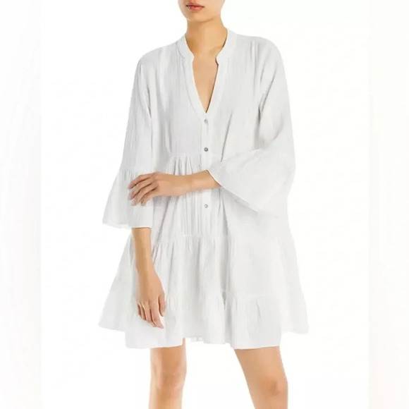 Faherty Kasey Cotton Tiered Button Down Shirt Flare Dress in White size M - Picture 1 of 16